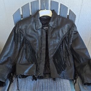 UNIK Black Leather Fringed Jacket With Zip Our Lining Size Large